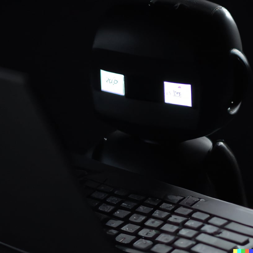 DALL·E 2023-04-05 12.25.18 - a chatbot represented as a robot in a dark setting typing on a computer